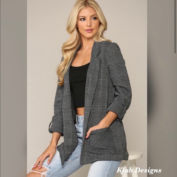 New! Clearance Plaid Notched Collar Knit Blazer - Picture 2 of 5